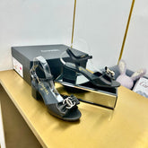 BOWKNOT RHINESTONES MID HEEL SANDAL IN BLACK CALFSKIN